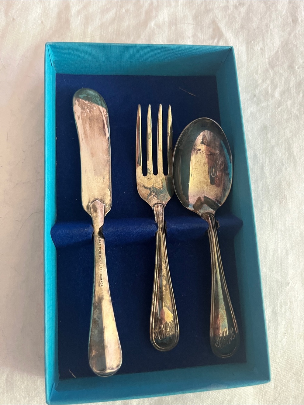 Silverplate spoon fork Serving Set in Blue Presentation Box